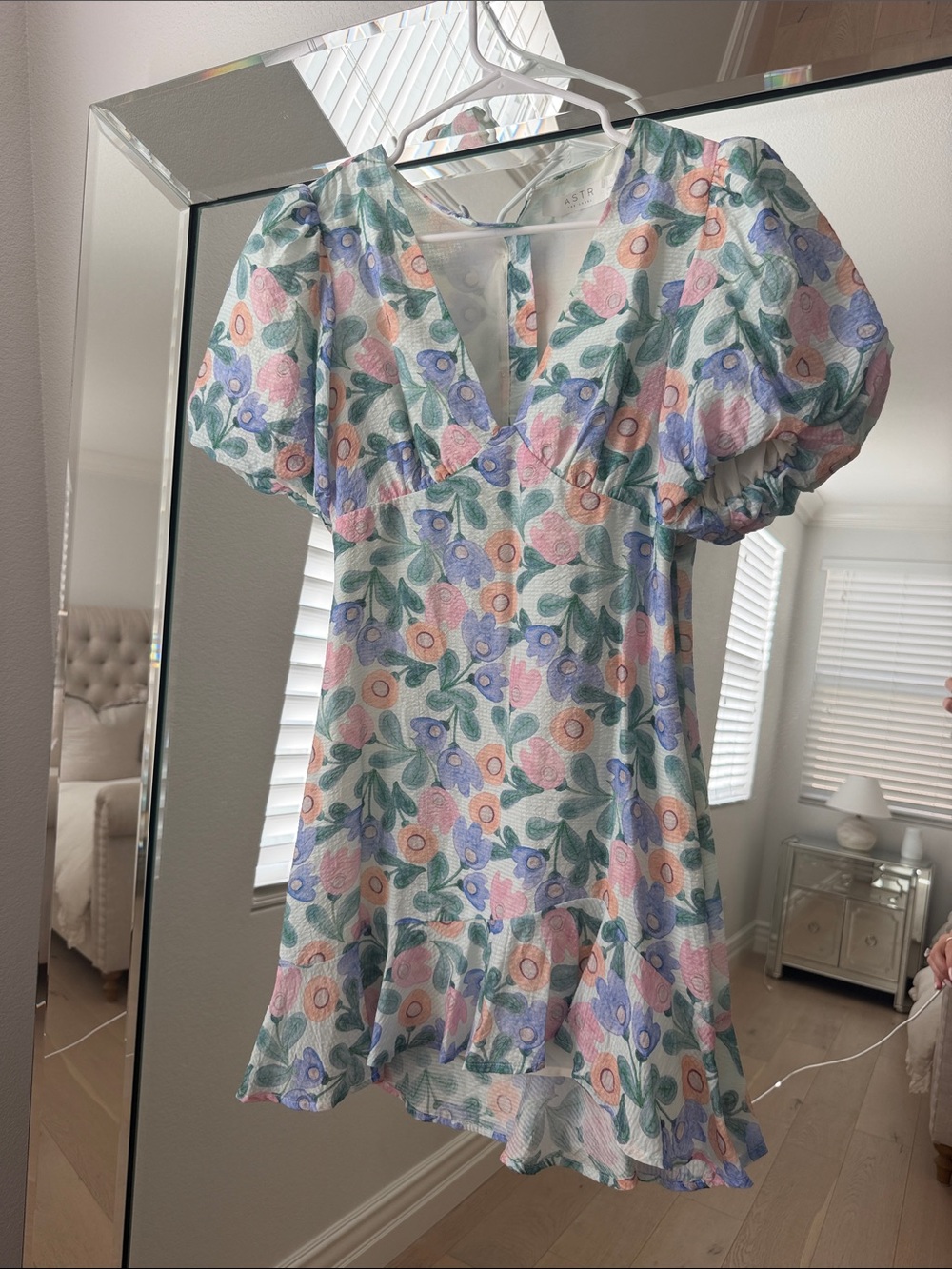 Astr Floral Puff-Sleeve Mini Dress in Pastel Pink, Lavender & Green